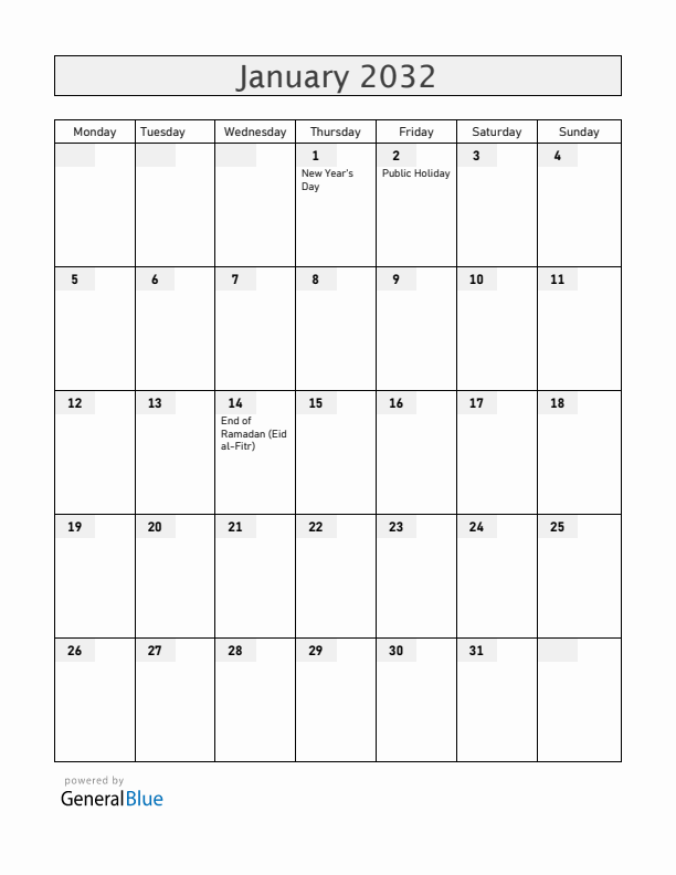 Rwanda January 2032 Calendar with Holidays