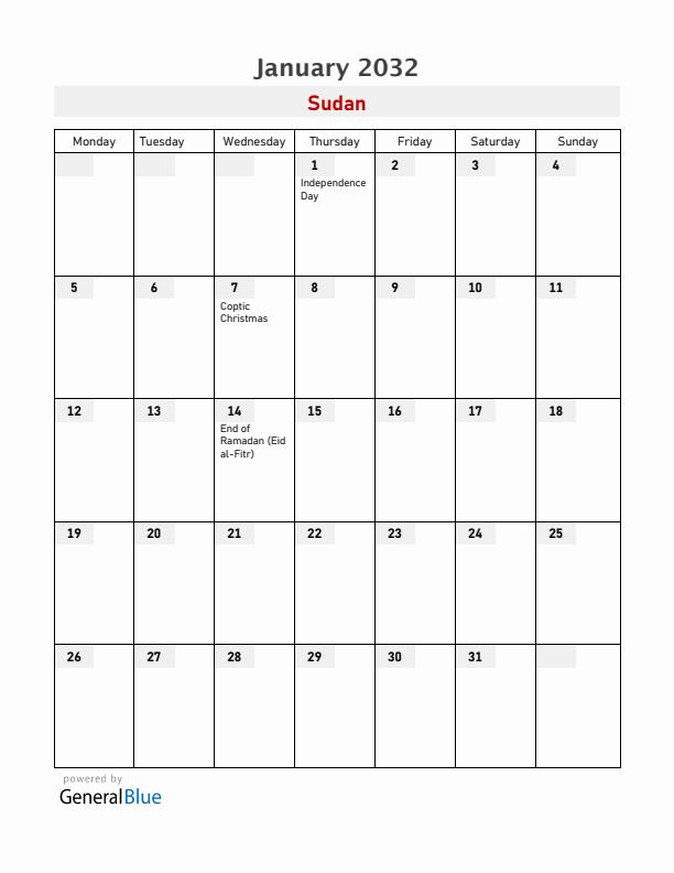 Sudan January 2032 Calendar with Holidays