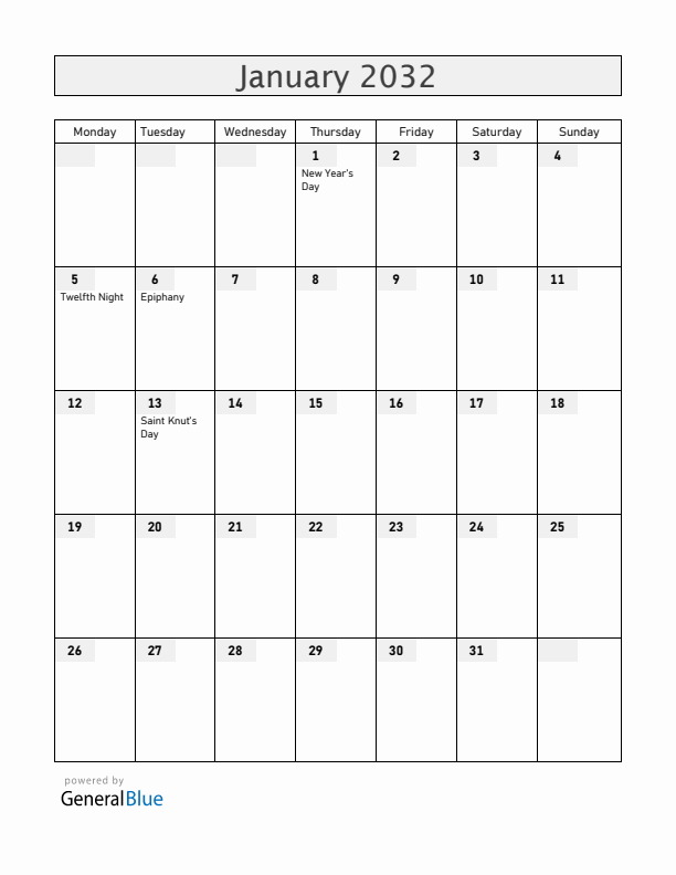 Sweden January 2032 Calendar with Holidays