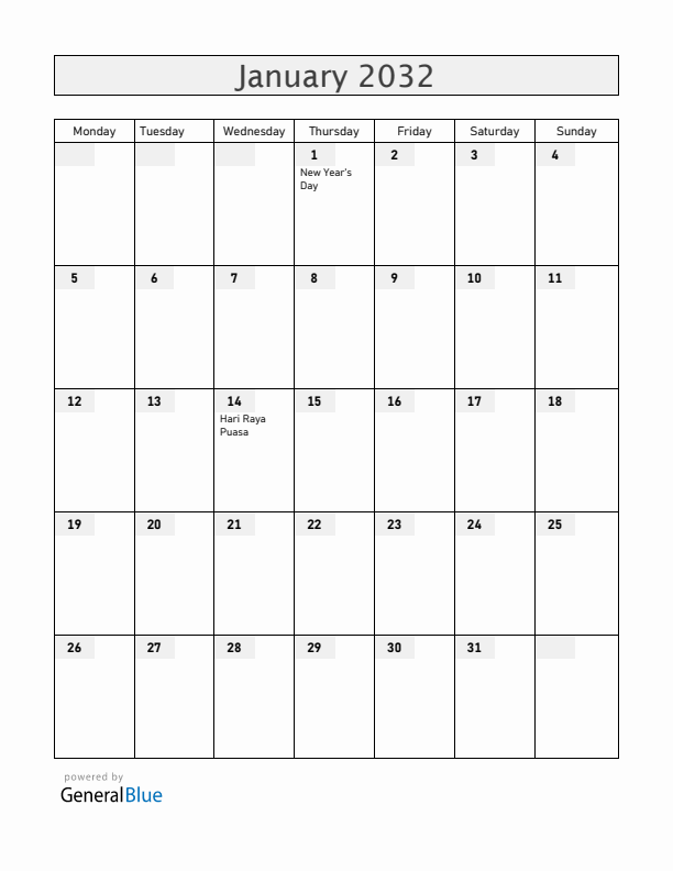 Singapore January 2032 Calendar with Holidays