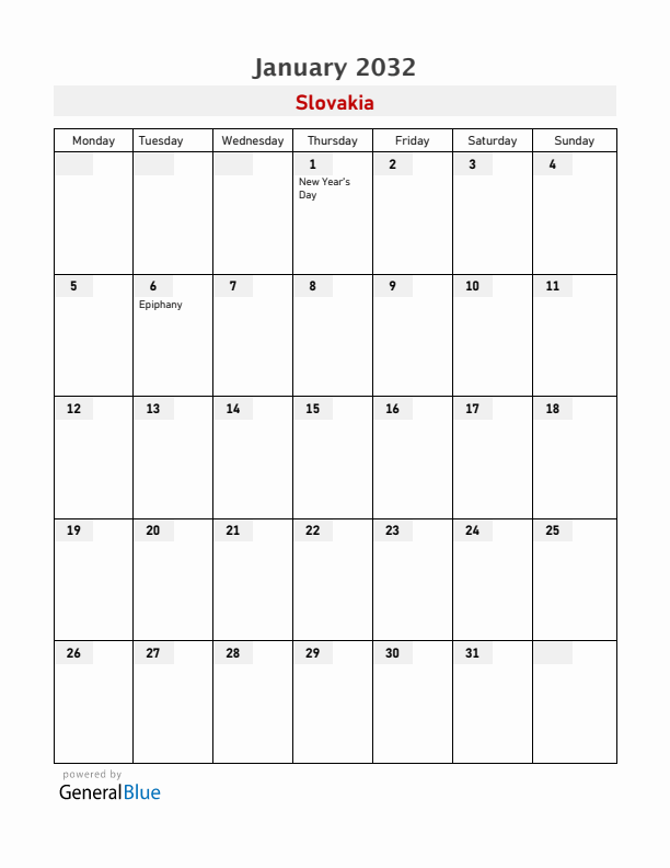 Slovakia January 2032 Calendar with Holidays