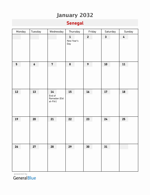 Senegal January 2032 Calendar with Holidays