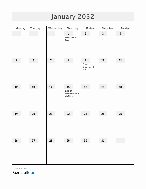 South Sudan January 2032 Calendar with Holidays