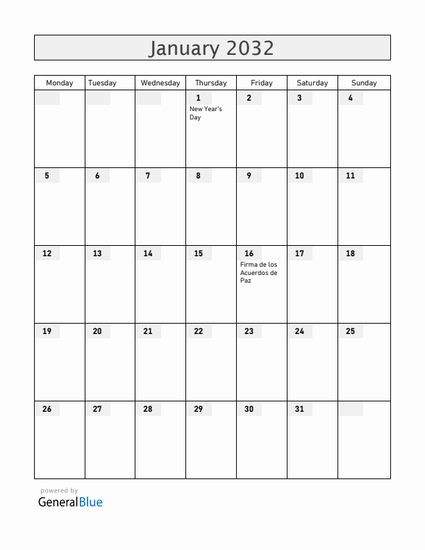 El Salvador January 2032 Calendar with Holidays
