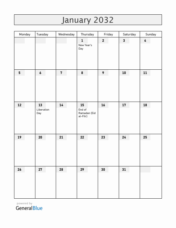 Togo January 2032 Calendar with Holidays