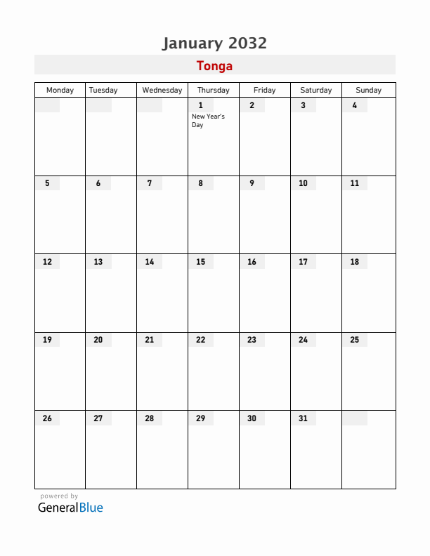 Tonga January 2032 Calendar with Holidays