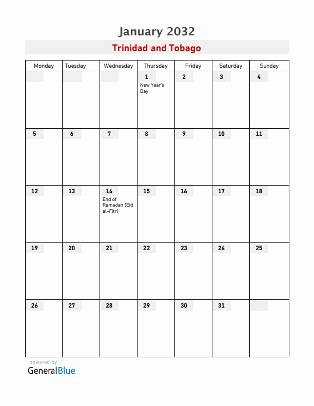 Trinidad and Tobago January 2032 Calendar with Holidays