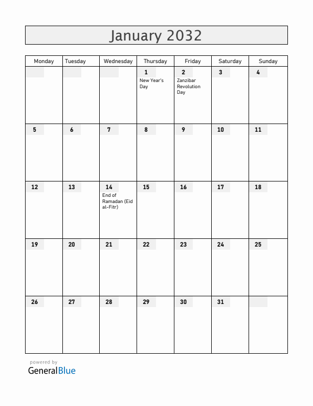 Tanzania January 2032 Calendar with Holidays