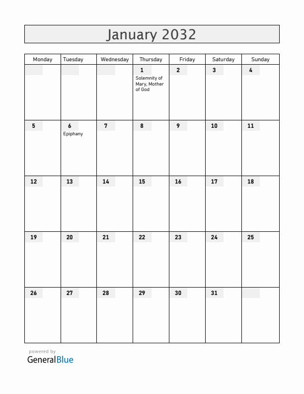 Vatican January 2032 Calendar with Holidays