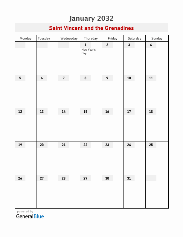 Saint Vincent and the Grenadines January 2032 Calendar with Holidays