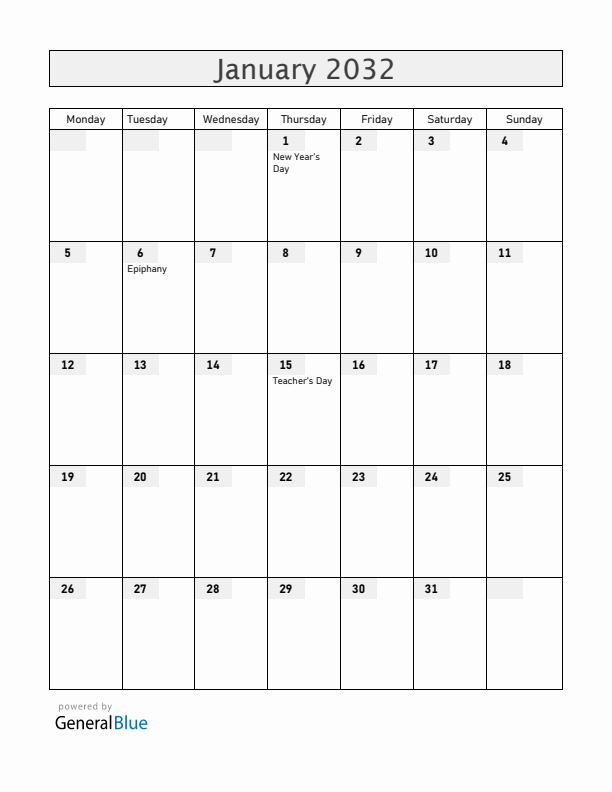 Venezuela January 2032 Calendar with Holidays