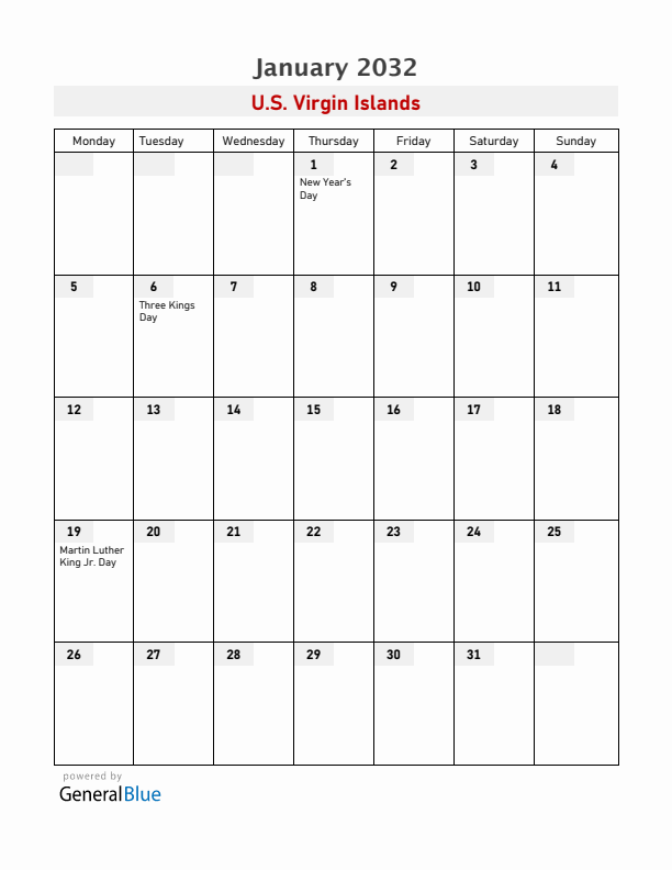 U.S. Virgin Islands January 2032 Calendar with Holidays