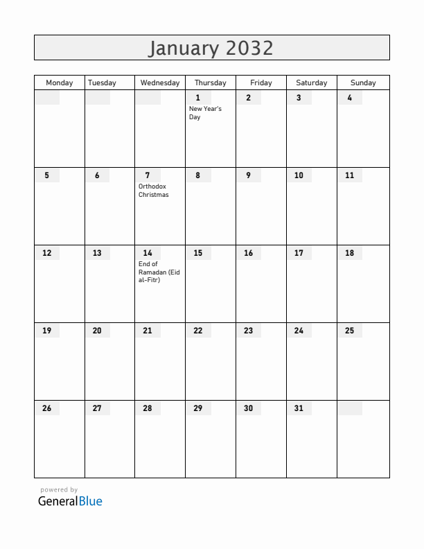 Kosovo January 2032 Calendar with Holidays