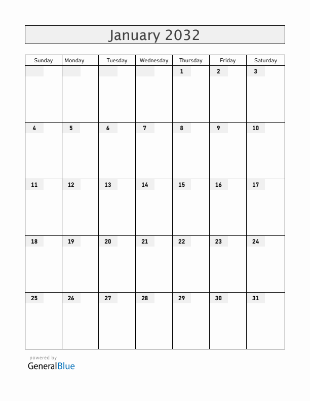 Blank January 2032 Calendar