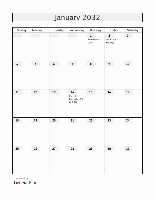Albania January 2032 Calendar with Holidays