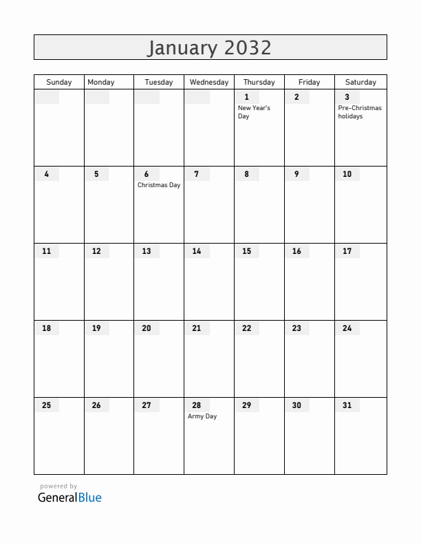 Armenia January 2032 Calendar with Holidays
