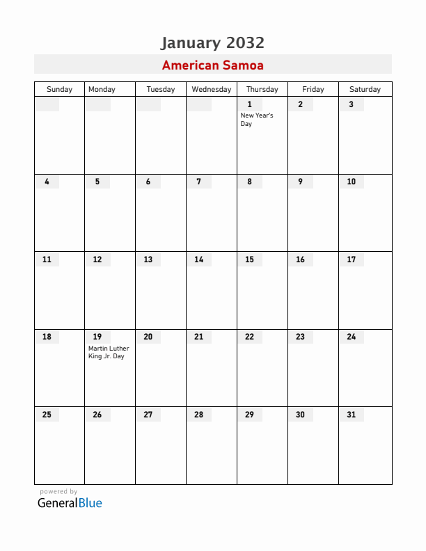 American Samoa January 2032 Calendar with Holidays
