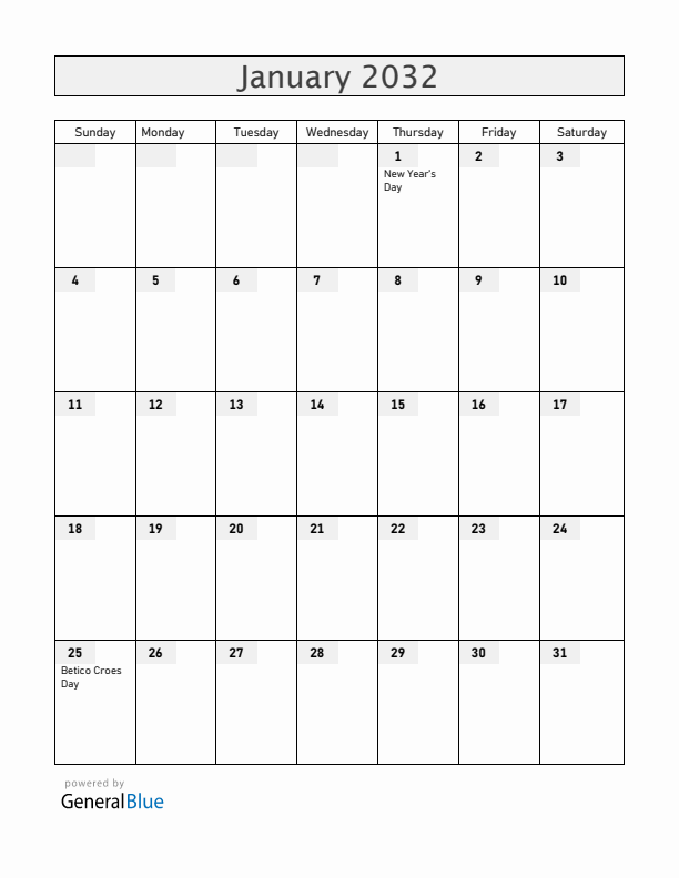 Aruba January 2032 Calendar with Holidays