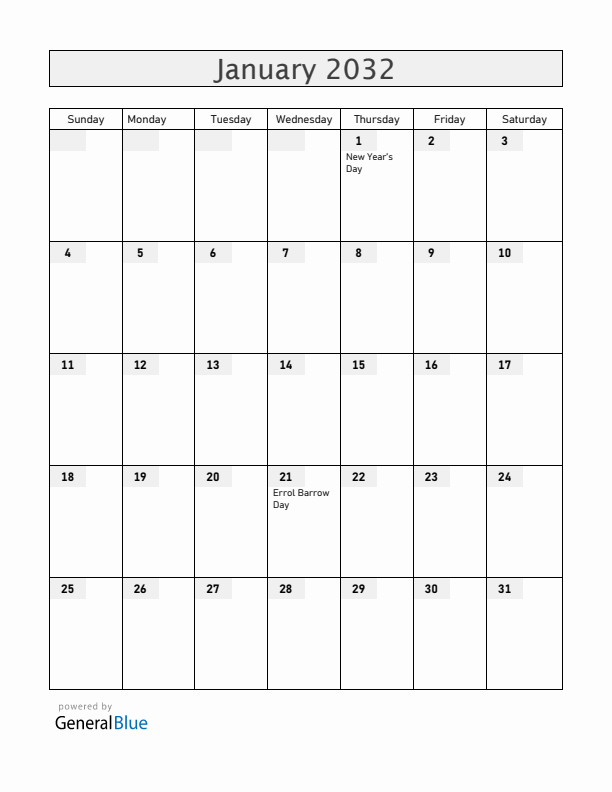 Barbados January 2032 Calendar with Holidays