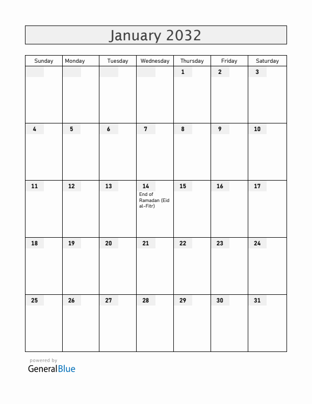 Bangladesh January 2032 Calendar with Holidays
