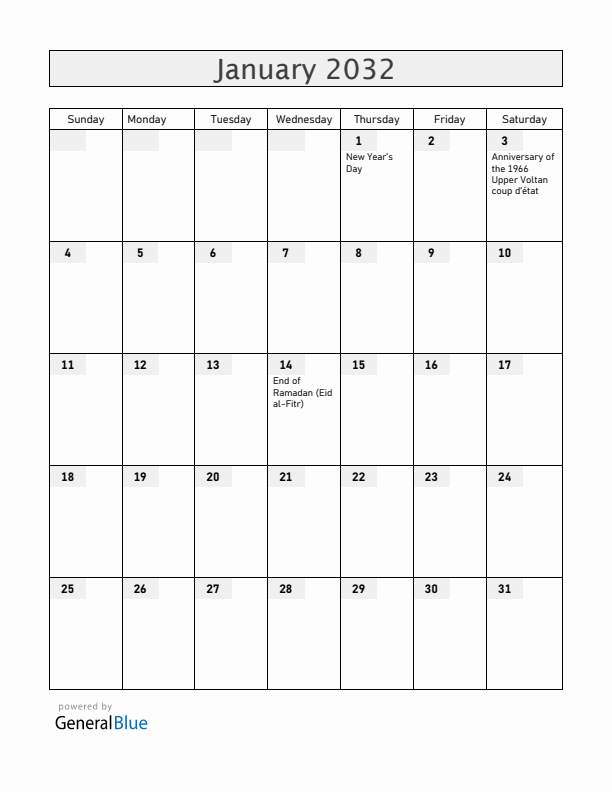 Burkina Faso January 2032 Calendar with Holidays