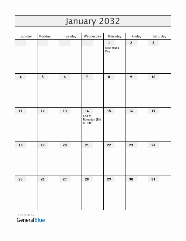Burundi January 2032 Calendar with Holidays