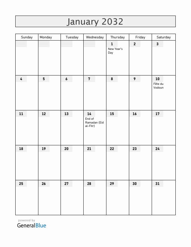 Benin January 2032 Calendar with Holidays