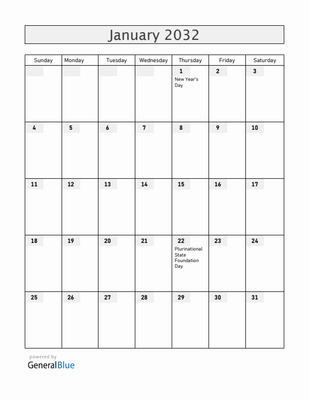 Bolivia January 2032 Calendar with Holidays