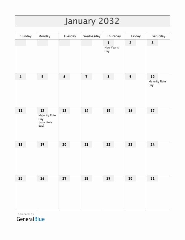 Bahamas January 2032 Calendar with Holidays