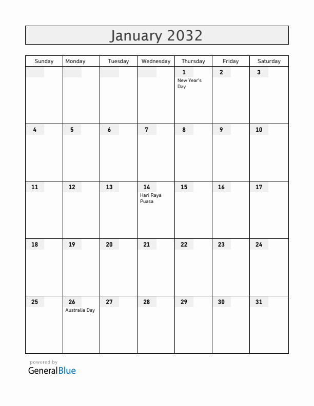 Cocos Islands January 2032 Calendar with Holidays