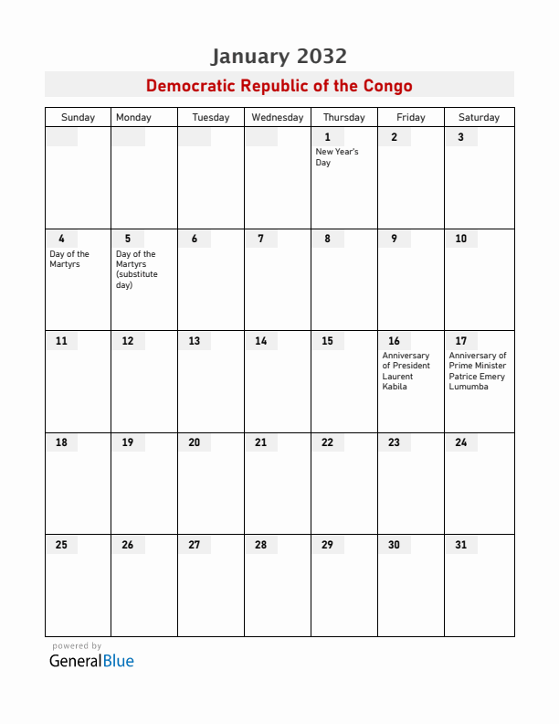 Democratic Republic of the Congo January 2032 Calendar with Holidays