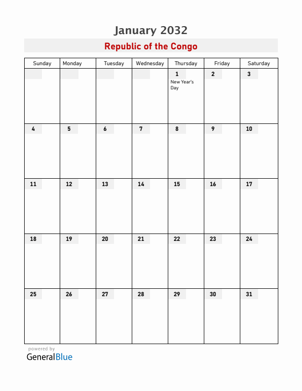 Republic of the Congo January 2032 Calendar with Holidays