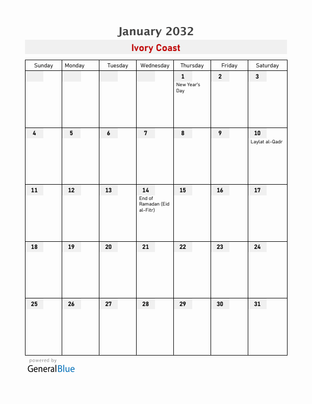 Ivory Coast January 2032 Calendar with Holidays