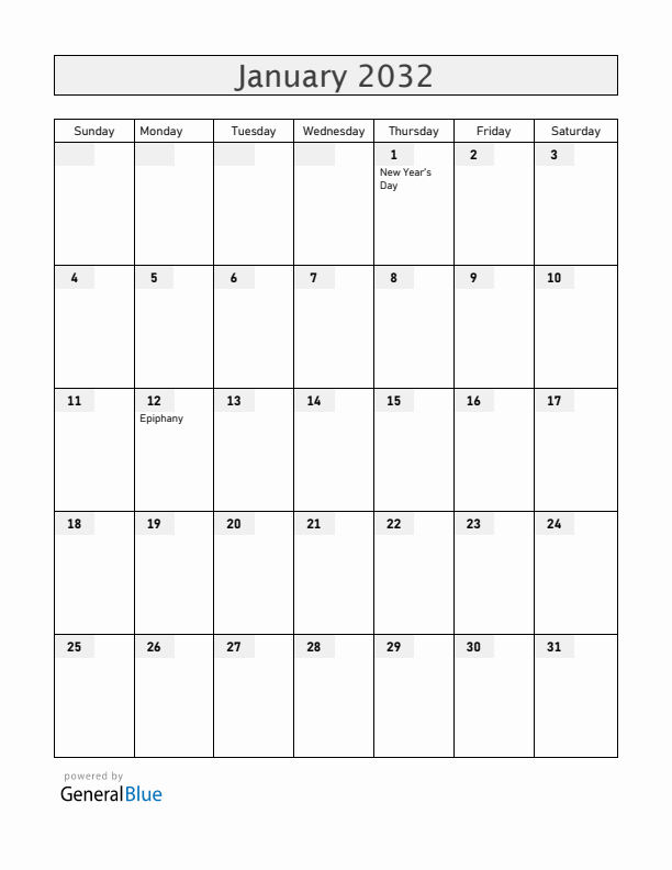 Colombia January 2032 Calendar with Holidays