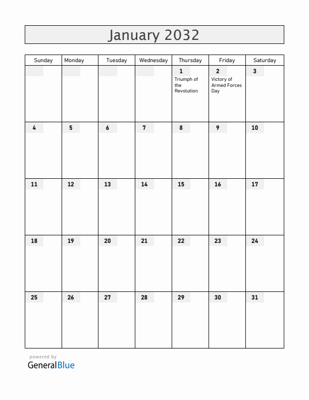 Cuba January 2032 Calendar with Holidays