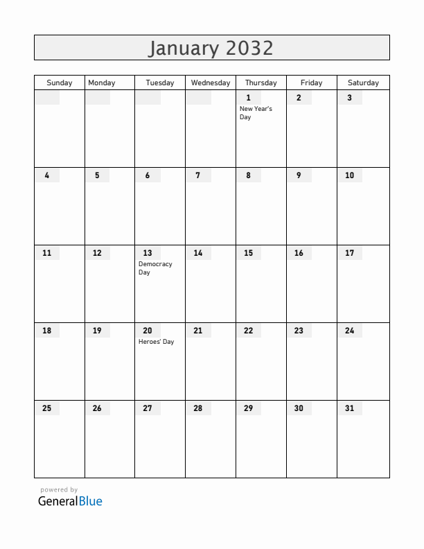 Cabo Verde January 2032 Calendar with Holidays