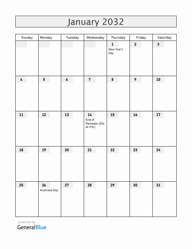 Christmas Island January 2032 Calendar with Holidays