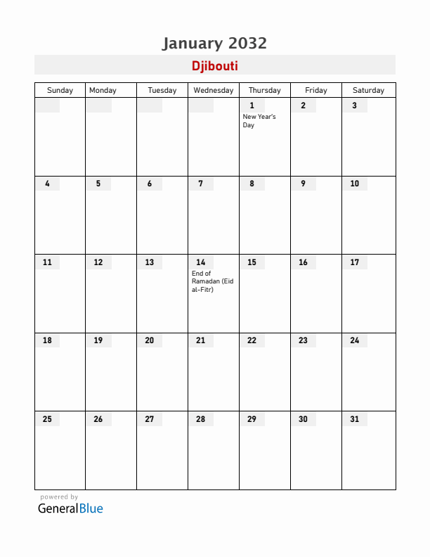 Djibouti January 2032 Calendar with Holidays