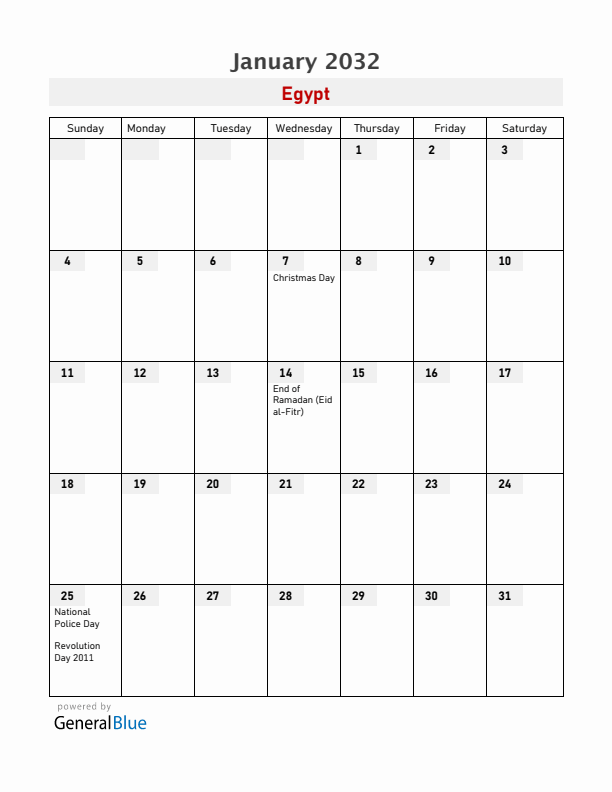 Egypt January 2032 Calendar with Holidays
