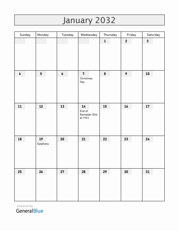 Ethiopia January 2032 Calendar with Holidays