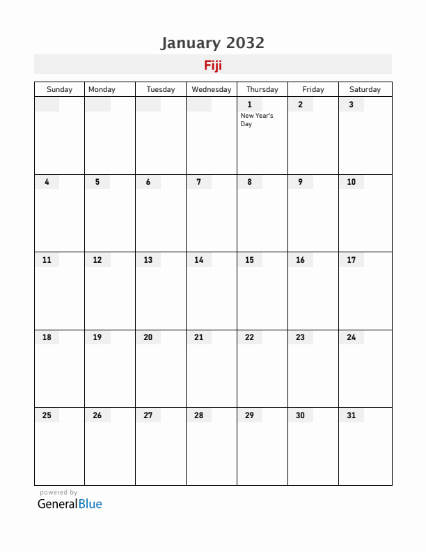 Fiji January 2032 Calendar with Holidays