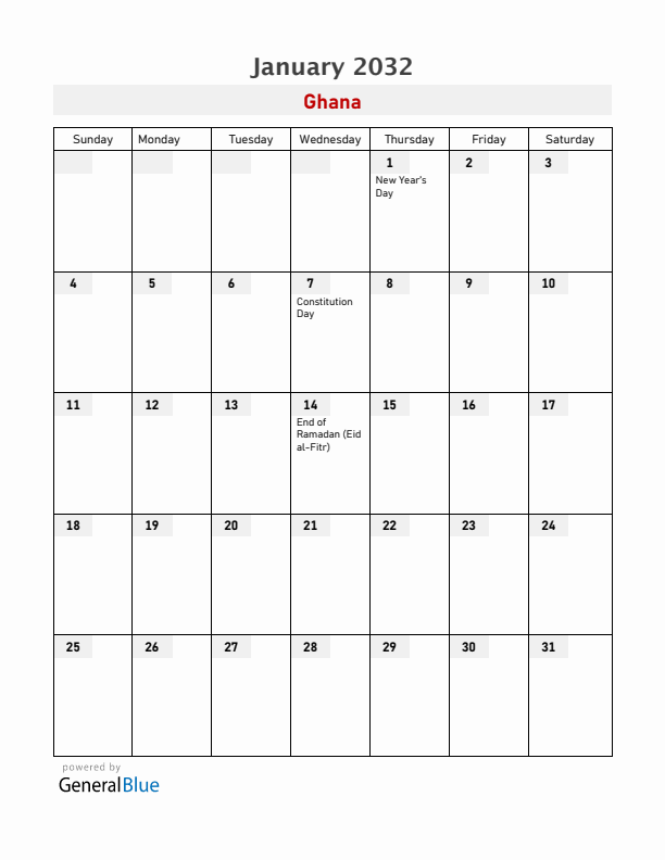 Ghana January 2032 Calendar with Holidays