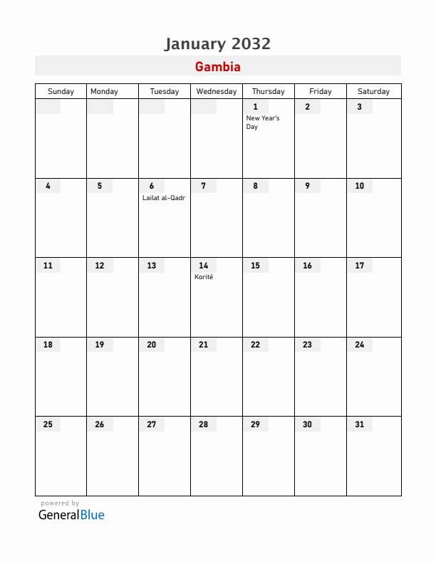 Gambia January 2032 Calendar with Holidays