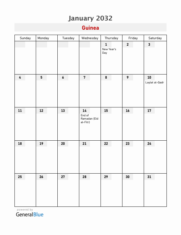 Guinea January 2032 Calendar with Holidays