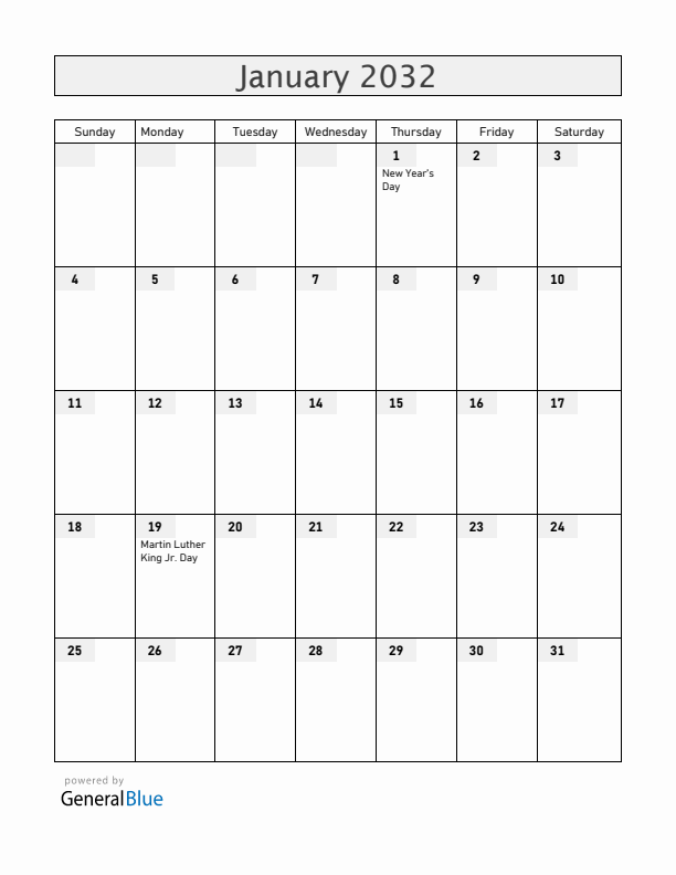 Guam January 2032 Calendar with Holidays