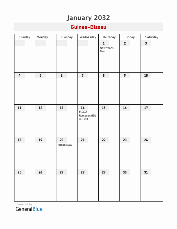 Guinea-Bissau January 2032 Calendar with Holidays