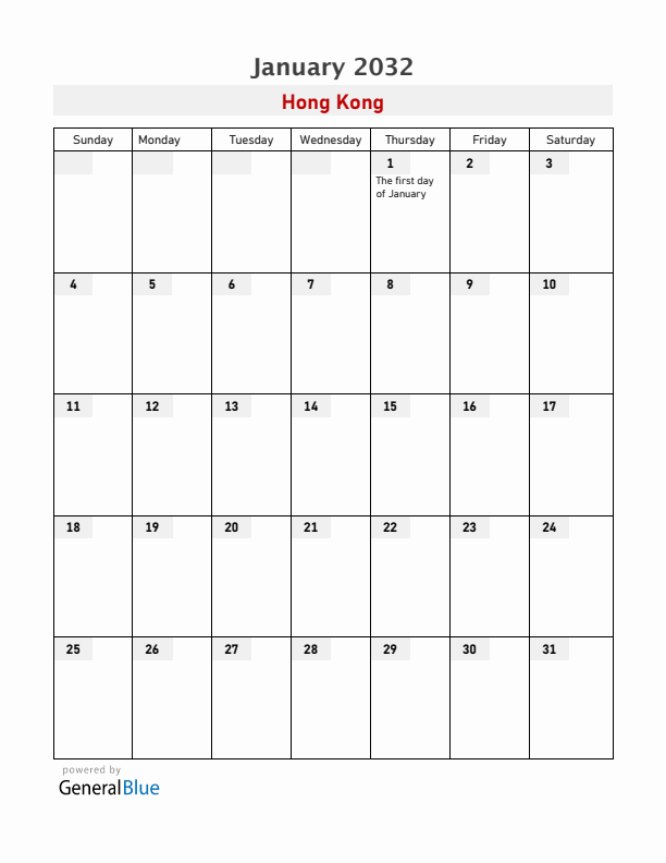 Hong Kong January 2032 Calendar with Holidays