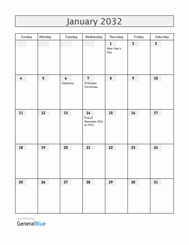 Croatia January 2032 Calendar with Holidays