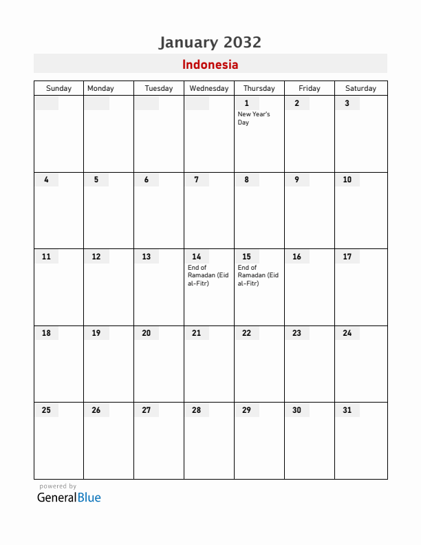 Indonesia January 2032 Calendar with Holidays