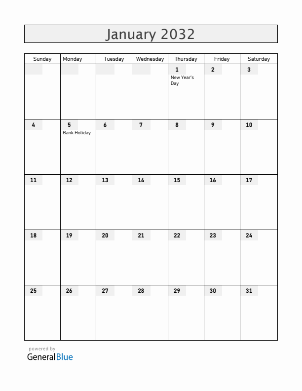 Ireland January 2032 Calendar with Holidays